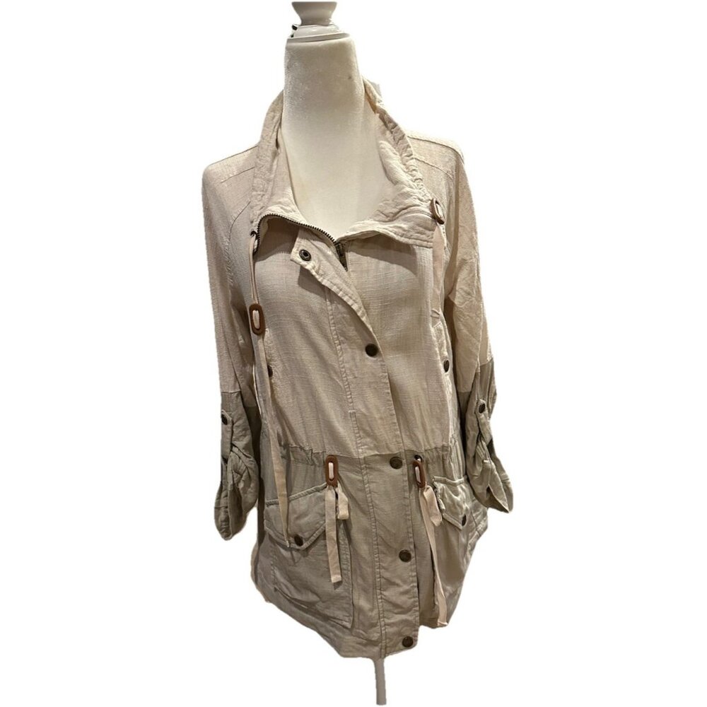 Blu Pepper Khaki Cotton Linen Zip Utility Jacket Womens Plus Size M Two Tone